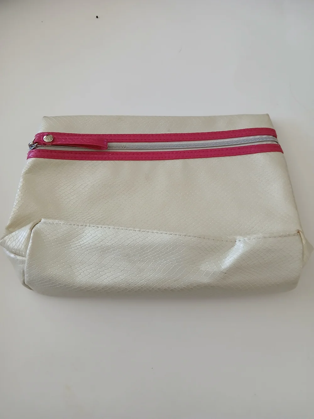 Lancome Cream Faux Snakeskin Cosmetic Pouch with Pink Zip